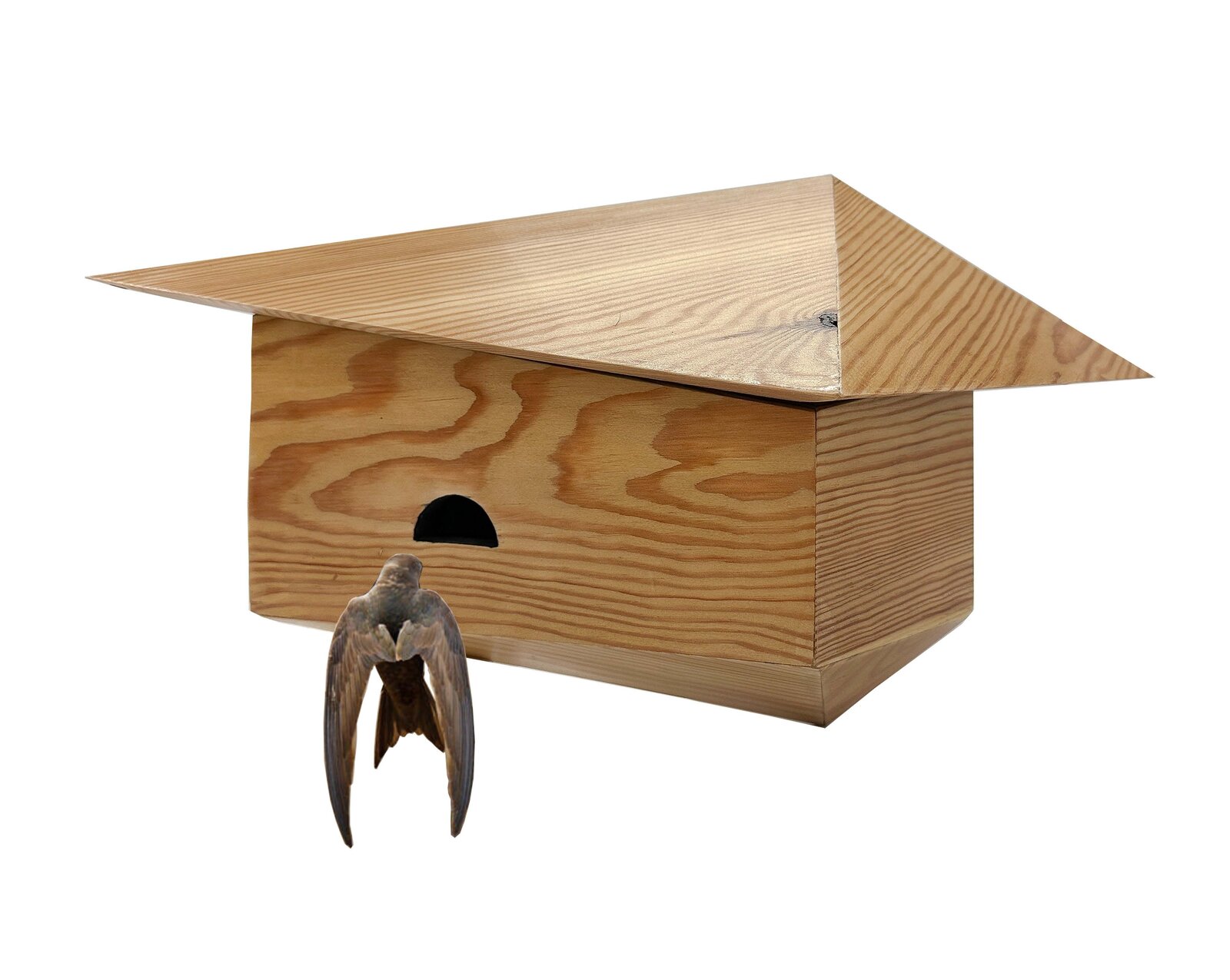 On the Wing — a wooden birdbox object design, with a swift model perched at the entrance